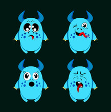 Set Of Cute Little Charcaters With Different Emotions. Cute Little Creatures Isolaeted On Black. Laughing, Solicit, Frightning, Crying Monsters. Sticjers, Emoji Design, Cartoon Charcaters Concept.