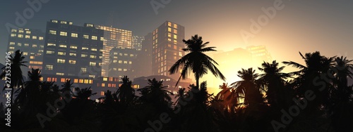 Palms and skyscrapers in the evening, modern city with palm trees in the evening Fototapete