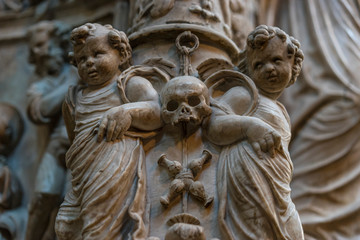 Avila, Spain - April 17, 2019. Interior of the Cathedral of Avila during the celebration of Holy Week in Spain. Biblical scenes in relief