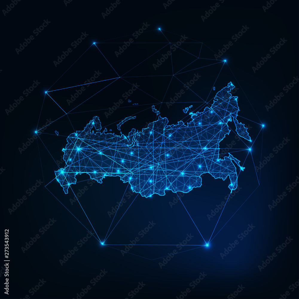 Russia glowing network map outline. Communication, connection concept. - obrazy, fototapety, plakaty 