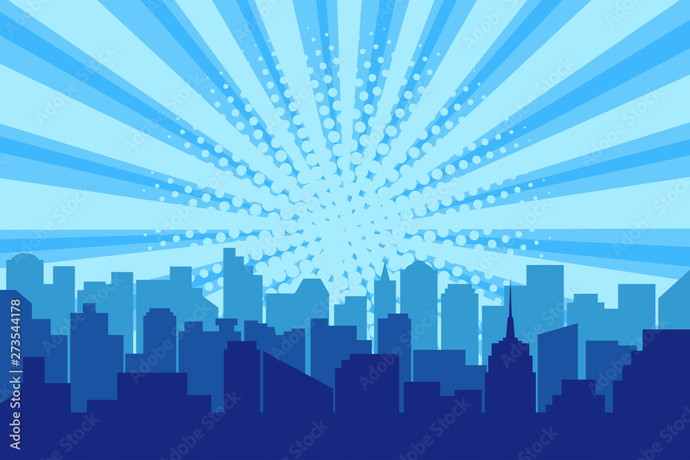 Comic city silhouette with sun rays halftone background. Pop art ...