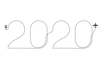 Poster - 2020 Airplane dotted line path. New Year air plane route, line way. Vector illustration.