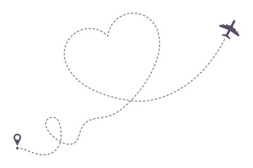 Poster - Love airplane dotted line path. Air plane route in heart form, hearted aircraft way. Vector illustration.
