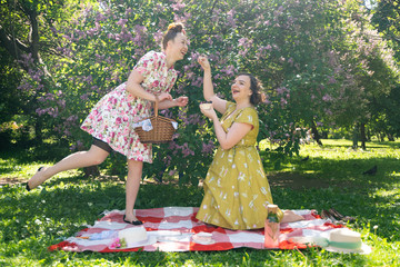 Wall Mural - two pretty pin up ladies having nice picnic in the city park in a sunny day together. girls friends enjoy hot summer weather. beautiful females in retro vintage style are relaxing on the grass.