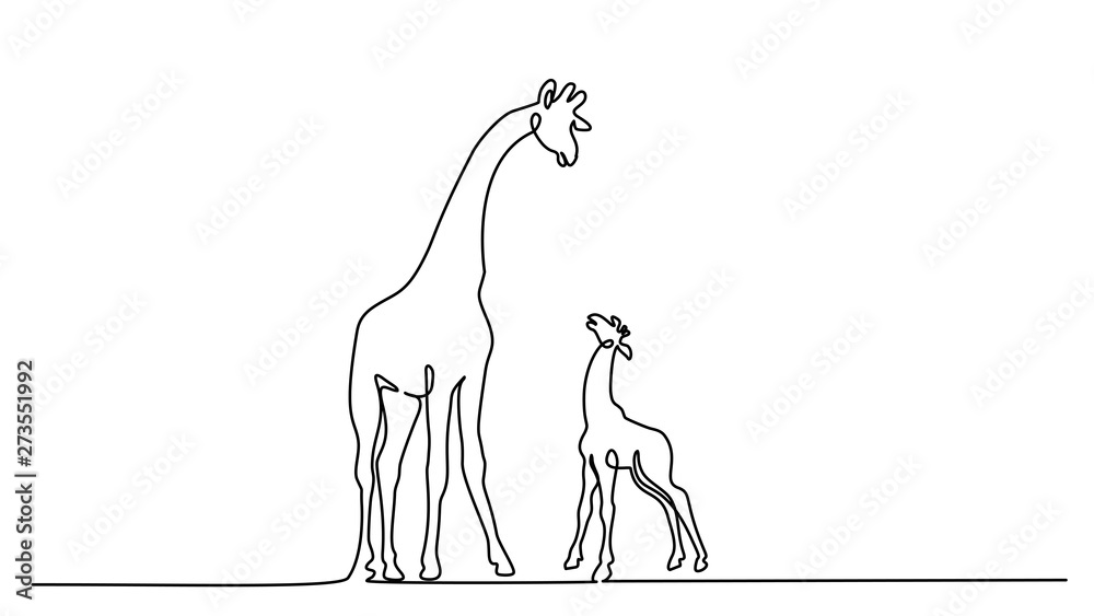 Giraffe with baby Continuous one line drawing - obrazy, fototapety, plakaty 