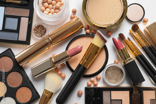 Fotografía Different luxury makeup products on white background, top view