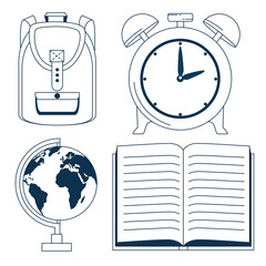 Poster - set of outline backpack with clock alarm and global map with notebook