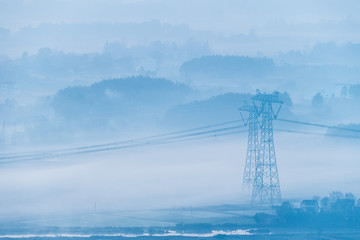 Wall Mural - power transmission towers in morning fog