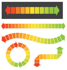 Set of 5 colorful arrow or graph elements These colorful arrow illustrations are great for infographic or graph designs. The colors change from red to orange to yellow to green. Perfect for showing ch