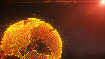 Fototapete - Earth Rotate Hi Technology Of Universe Scifi Graphic Illustration. Abstract Virtual Futuristic Spin Particle Wireframe Globe In Galaxy Space With Orange Sun Flare Shine Idea Concept Design.