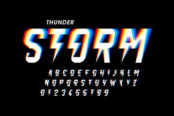 Thunder storm style font design, alphabet letters and numbers