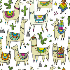 Poster - Cute lamas, seamless pattern for your design