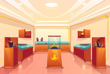 Luxury Jewellery Store Trading Room Cartoon Vector Empty Interior With Precious, Elegant Necklaces On Shelves, Golden Crown With Red Gems Or Rubies Under Glass Showcase In Exhibition Hall Illustration