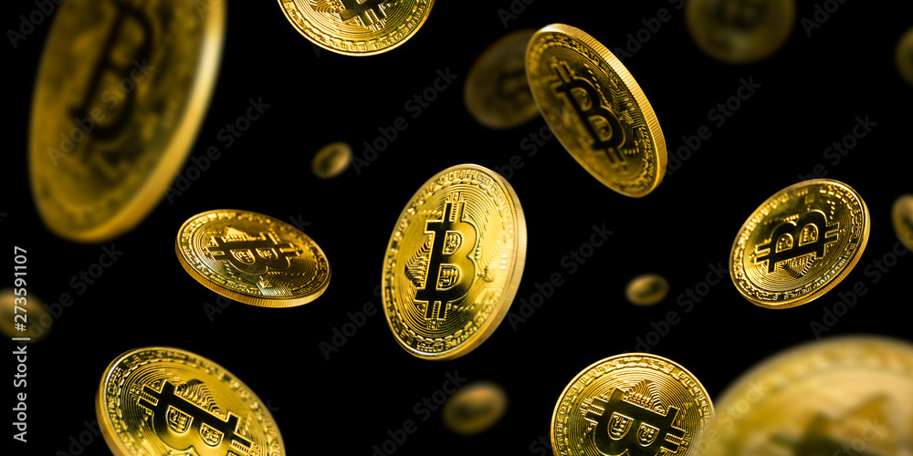 Gold Bitcoin coins flying on a black background