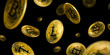 Gold Bitcoin coins flying on a black background