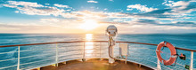 Summer Cruise Vacation Concept. Panoramic View Of The Sea With A Beautiful Sunset Just Above The Horizon.