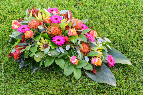 Fotomural Colorful flower arrangement on green grass field
