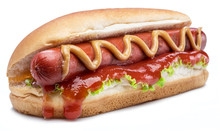 Hot Dog - Grilled Sausage In A Bun With Sauces Isolated On White Background.