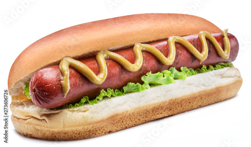 Fotomural Hot dog - grilled sausage in a bun with sauces isolated on white background