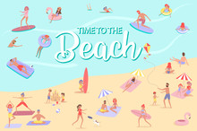 Summer Beach Concept. Different Scenes Of People On The Beach. People Relax On The Beach, Sunbathe, Play Sports And Yoga, Swiming In The Sea, Ride The Surf. Editable Vector Illustration.