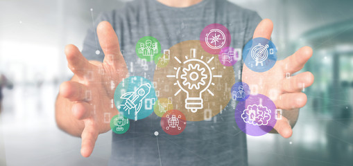 Poster - cloud of colorfull start up icon bubble with data businessman holding a binary 3d rendering