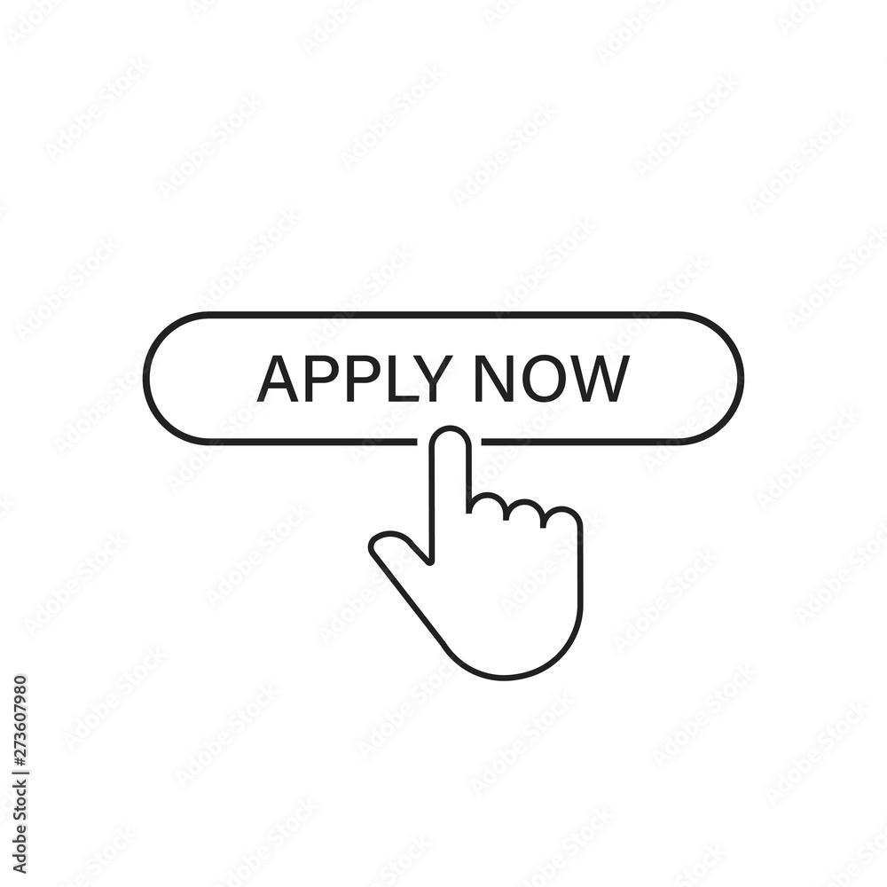 Apply now linear button icon isolated with hand pointer. Click finger ...