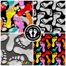 Vector Set Of Cool And Creative Seamless Patterns With Colorful Footprints, The Four Expressive Illustrations Are Ideal For Print, Textile, Web, And Other Designs