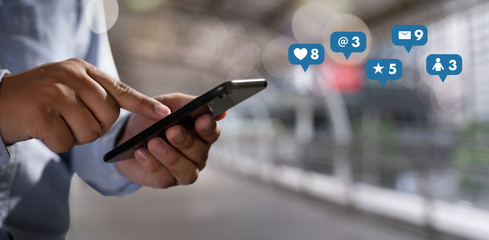 Poster - social media,social network concept with smart phone man phone with social media network diagram