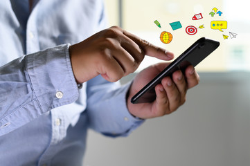 Poster - Social media,social network concept with smart phone  man phone with social media network diagram