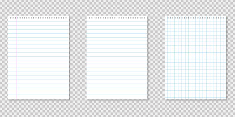 Poster - Notebook lined paper on transparent background with shadows. Notepad page. Blank paper.