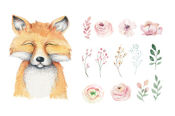 Watercolor forest cartoon isolated cute baby fox, animal with flowers. Nursery woodland illustration. Bohemian boho drawing for nursery poster, pattern