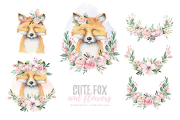 Watercolor forest cartoon isolated cute baby fox, animal with flowers. Nursery woodland illustration. Bohemian boho drawing for nursery poster, pattern