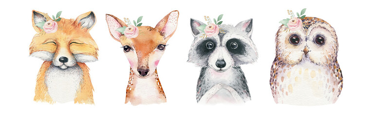 watercolor set of forest cartoon isolated cute baby fox, deer, raccoon and owl animal with flowers. 