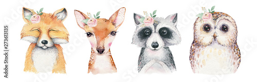 Fotomural Watercolor set of forest cartoon isolated cute baby fox, deer, raccoon and owl animal with flowers