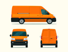 Сargo Van Isolated. Сargo Van With Side View, Back View And Front View. Vector Flat Style Illustration.