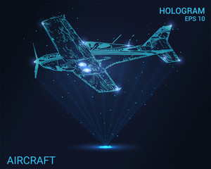 Wall Mural - Hologram of the aircraft. A holographic projection of the single-engine plane. Flickering energy flux of particles. The scientific design of the aircraft.