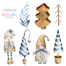 Watercolor Collection Of Christmas Tree Toys And Scandinavian Elfs, Hand Drawn Isolated On A White Background