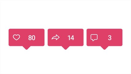 Poster - Social media red icons with increasing number of likes, reposts and comments isolated on white background, popularity concept. Animation. Counter icon animation on white screen.