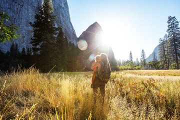 Poster - Mother with  son visit Yosemite national park in California