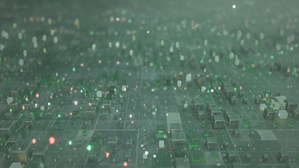 Wall Mural - Array of cubes and digital computer code 3D render illustration with DOF