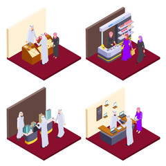 Wall Mural - Arab 3d people, isometric arabs shopping vector concepts. Illustration of arabic buy jewelry and cosmetics