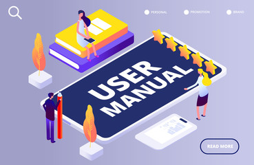 Poster - user manual concept. people with guide instruction on smartphone app vector illustration. digital to