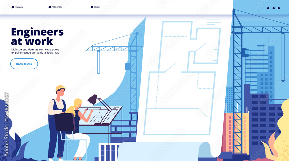 Building construction landing. Architects and construction workers ...