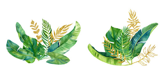 Bouquet of tropical green and gold leaves. Tropical watercolor illustration