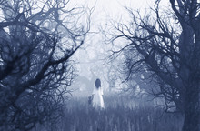 Woman In White Dress With The Boy Walking In Haunted Forest,3d Rendering