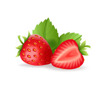 Realistic Sweet Strawberry Set With Green Leaves, Fresh Red Berries, Isolated On White Background Vector Illustration.