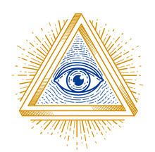 All Seeing Eye Of God In Sacred Geometry Triangle, Masonry And Illuminati Symbol, Vector Logo Or Emblem Design Element.