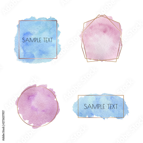 Blue And Pink Brush Stroke Watercolor Texture With Golden Lines