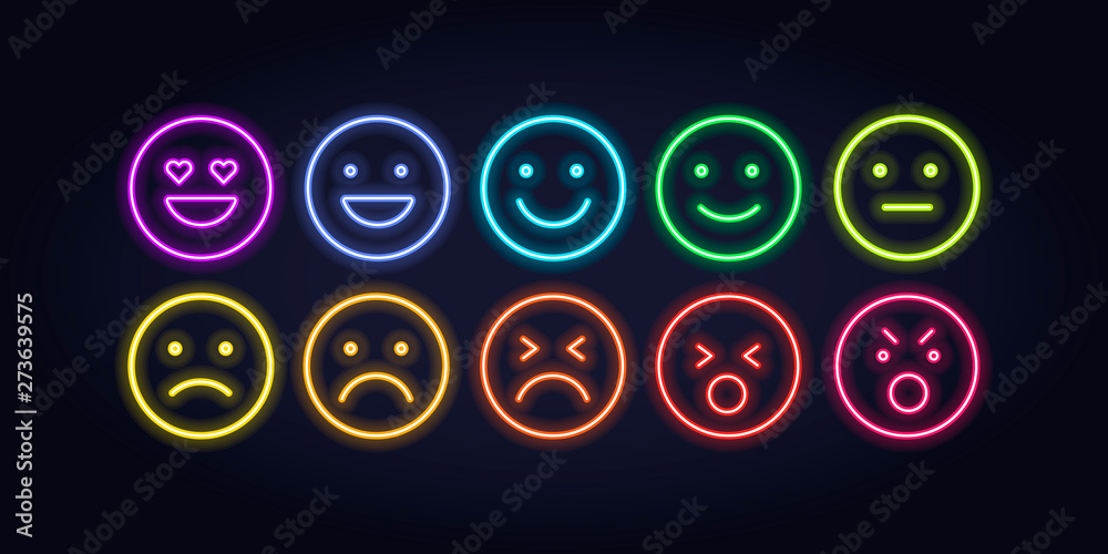 Vector neon icon set for mood tracker. Ten scale of color lamp glowing ...