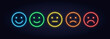 Vector neon icon set for mood tracker. Five color lamp illuminated emotion smile from satisfied to anger isolated on black. Emoticon element of UI design for client rating, feedback, survey